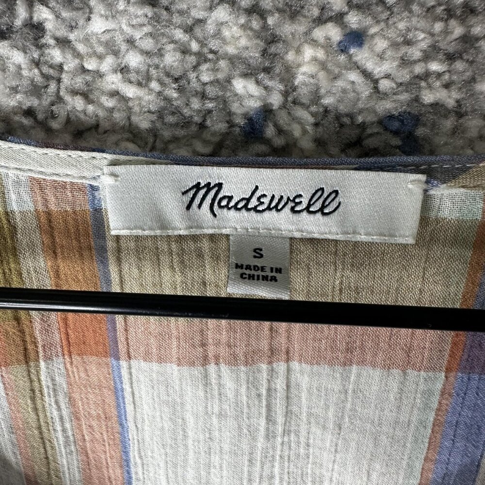 Madewell Shirt‎ Womens Small Multicolor Plaid V Neck Ruffle Short Sleeve Gauze - Picture 2 of 6
